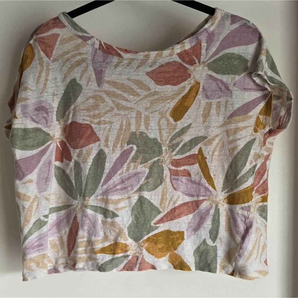 Nicole Miller Linen T-Shirt S Floral Short Sleeve Round Neck Multicolor Top